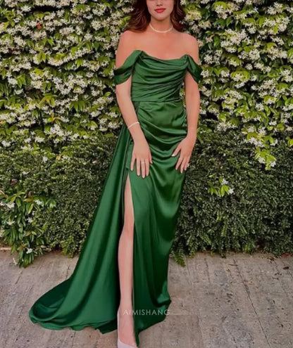 Aimishang Elegant Green Satin Off the Shoulder Party Evening Gown With Slit Long Formal Prom Dress Fashion Graduation Dress