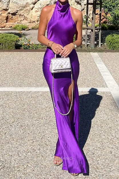 Aimishang Elegant Halter Backless Long Prom Dress Women Maxi Dress Sleeveless Simple Party Evening Gown With Slit