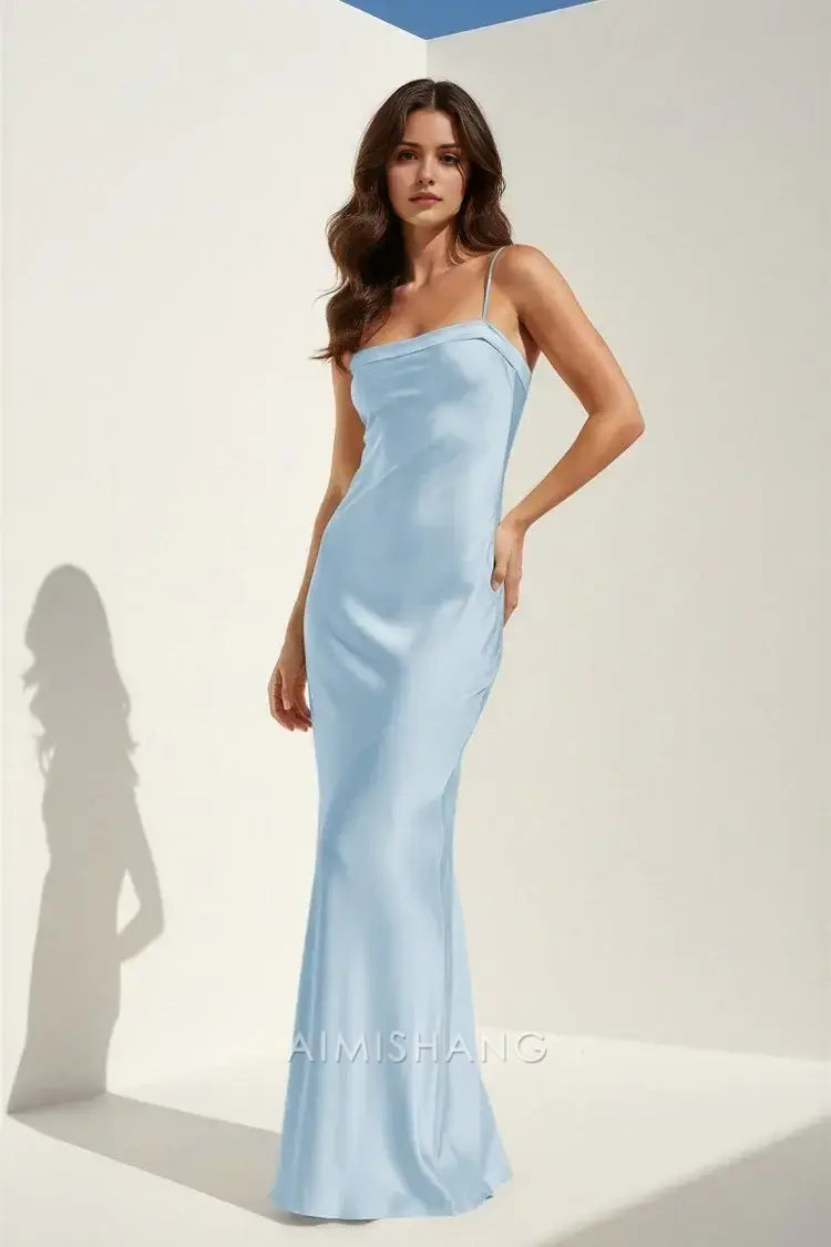 Aimishang Elegant Light Blue Satin Spaghetti Straps Sleeveless Long Formal Prom Dress Charming Graduation Dress Simple Party Evening Gowns