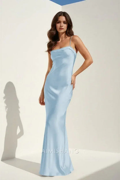 Aimishang Elegant Light Blue Satin Spaghetti Straps Sleeveless Long Formal Prom Dress Charming Graduation Dress Simple Party Evening Gowns