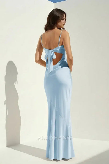 Aimishang Elegant Light Blue Satin Spaghetti Straps Sleeveless Long Formal Prom Dress Charming Graduation Dress Simple Party Evening Gowns