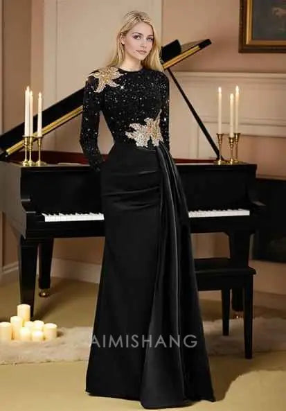 Aimishang Elegant Long Sleeves Mother of the Bride Dress Floor Length Formal Wedding Chic Evening Gown Party Dress