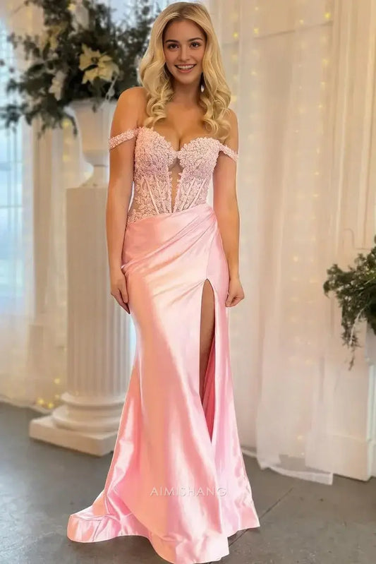 Aimishang Elegant Mermaid Off the Shoulder Long Formal Prom Dress Charming Evening Party Dress with Appliques and Slit
