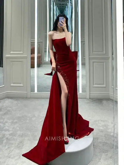 Aimishang Elegant Mermaid Strapless Sleeveless Long Formal Prom Dress With Slit Sexy Party Evening Gown Charming Graduation Dress