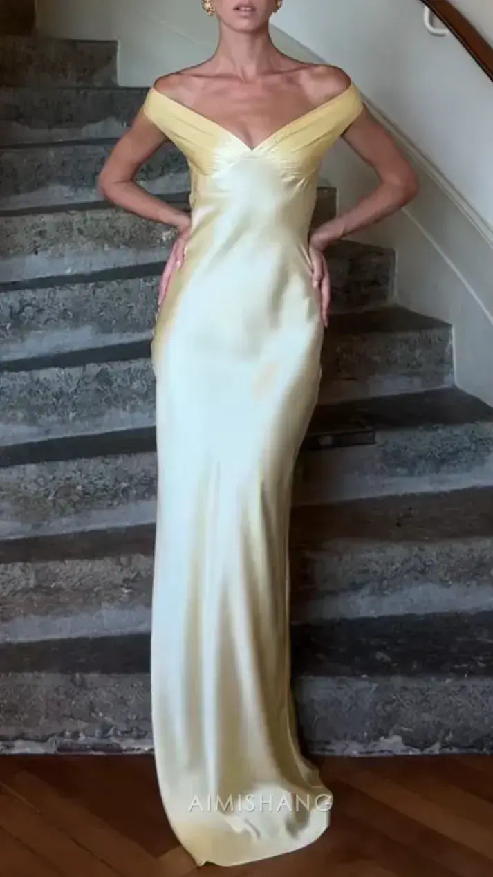 Aimishang Elegant Off the Shoulder Yellow Satin Long Prom Dress Simple Evening Party Dress