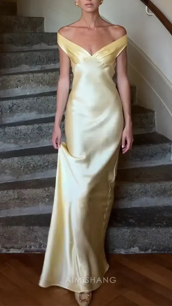 Aimishang Elegant Off the Shoulder Yellow Satin Long Prom Dress Simple Evening Party Dress