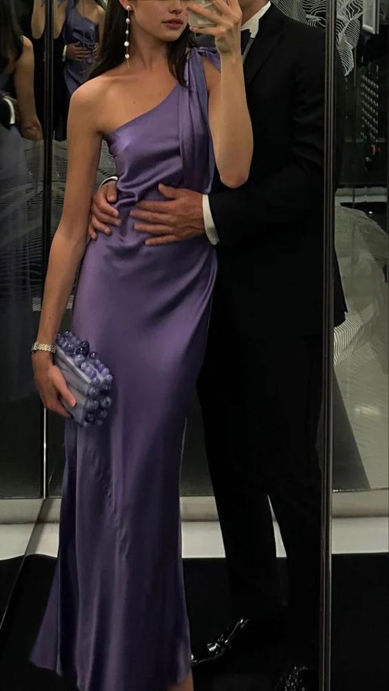 Aimishang Elegant Purple One Shoulder Satin Long Prom Dress Simple Formal Dress Chic Birthday Party Dress