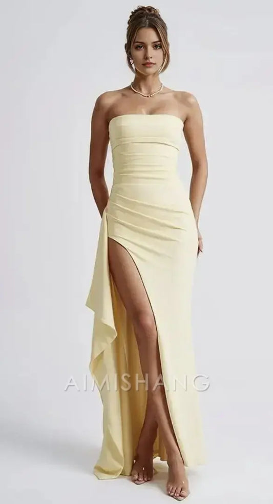 Aimishang Elegant Ruffle Strapless Sleeveless Long Prom Dress Formal Evening Gown with Slit for Women Teens
