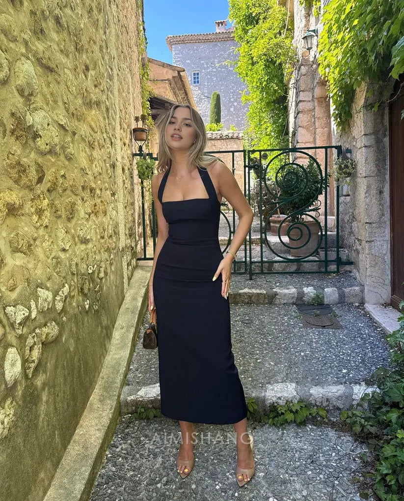 Aimishang Elegant Black Sheath Halter Sleeveless Prom Dress Simple Evening Party Dress Fashion Formal Dress