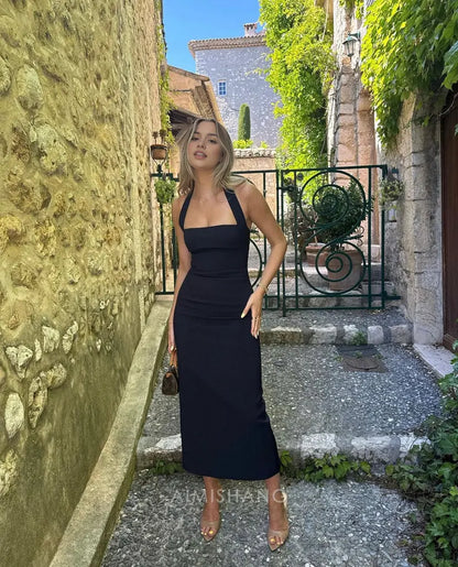 Aimishang Elegant Black Sheath Halter Sleeveless Prom Dress Simple Evening Party Dress Fashion Formal Dress