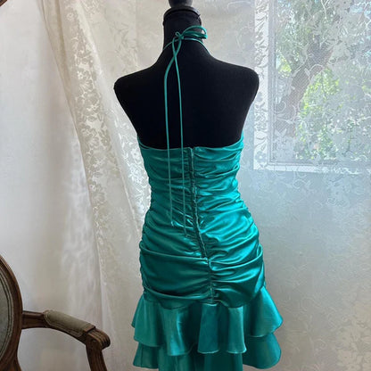 Aimishang Elegant Sheath Halter V Neck Satin Pleated Ruffled Homecoming Dress Short Beach Dress Simple Party Dress