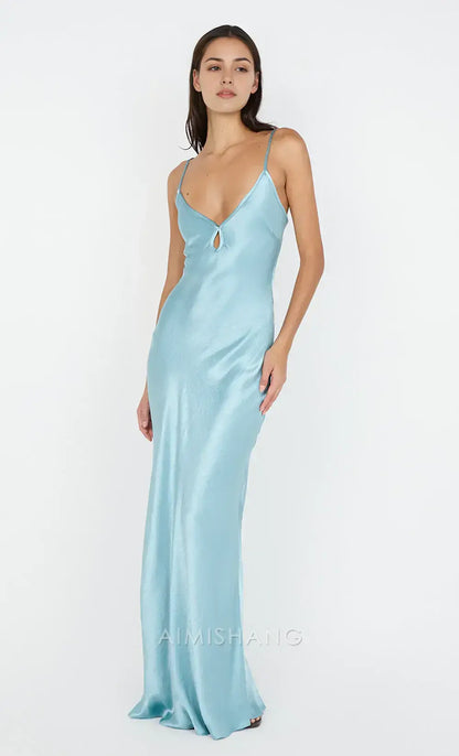 Aimishang Elegant Spaghetti Straps Sleeveless Satin Long Prom Dress Simple Evening Party Dress