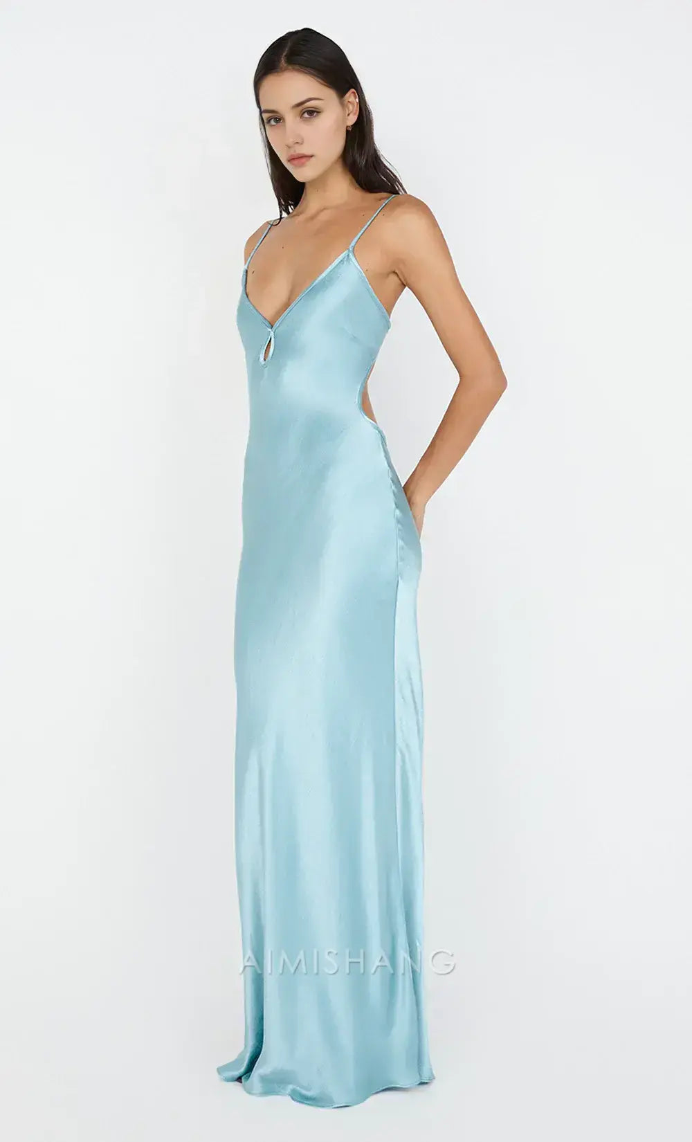 Aimishang Elegant Spaghetti Straps Sleeveless Satin Long Prom Dress Simple Evening Party Dress