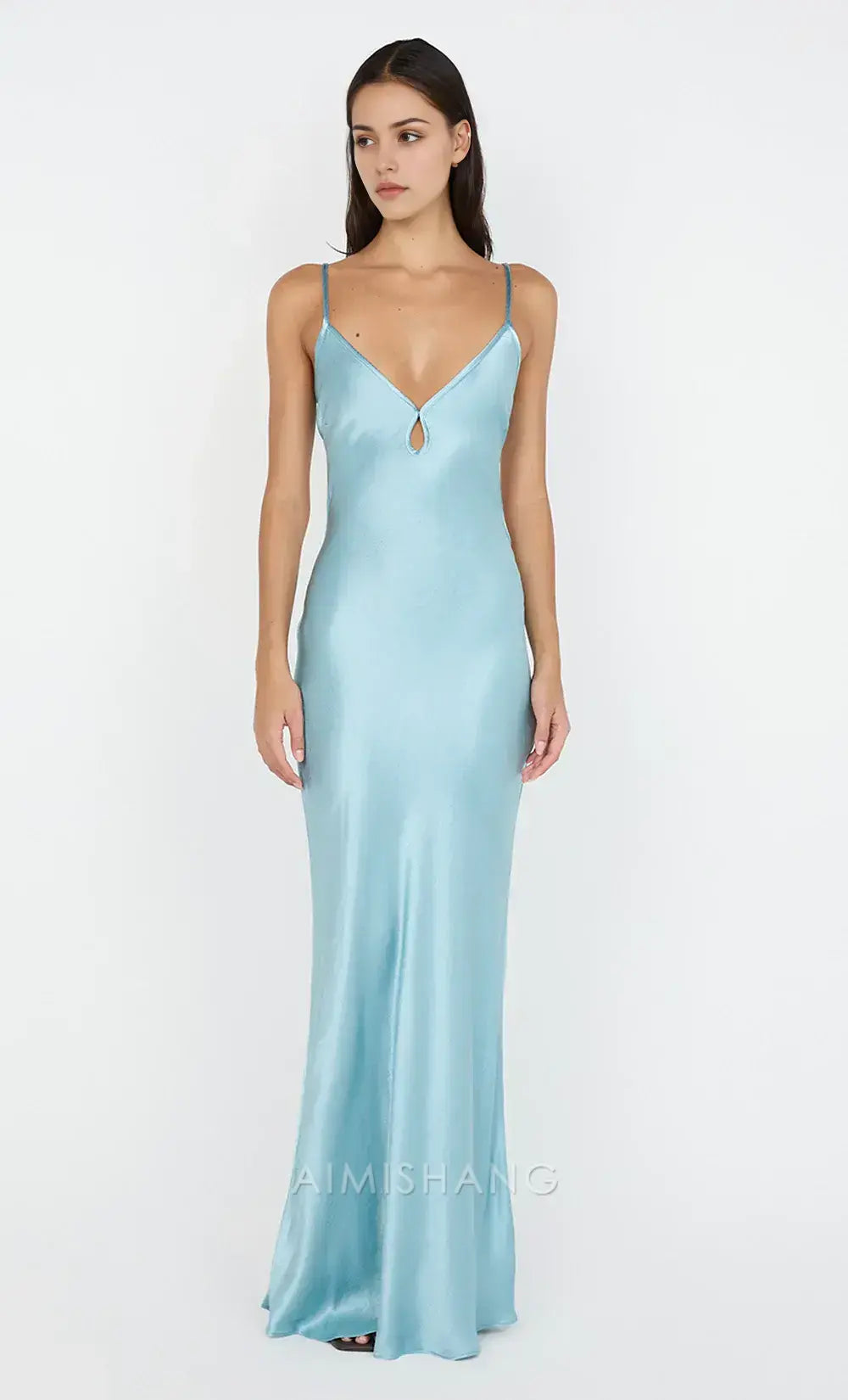 Aimishang Elegant Spaghetti Straps Sleeveless Satin Long Prom Dress Simple Evening Party Dress