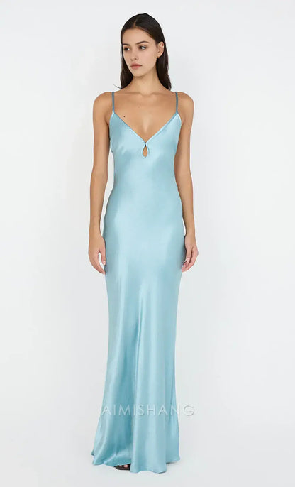 Aimishang Elegant Spaghetti Straps Sleeveless Satin Long Prom Dress Simple Evening Party Dress