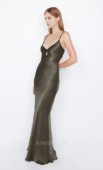 Aimishang Elegant Spaghetti Straps Sleeveless Satin Long Prom Dress Simple Evening Party Dress