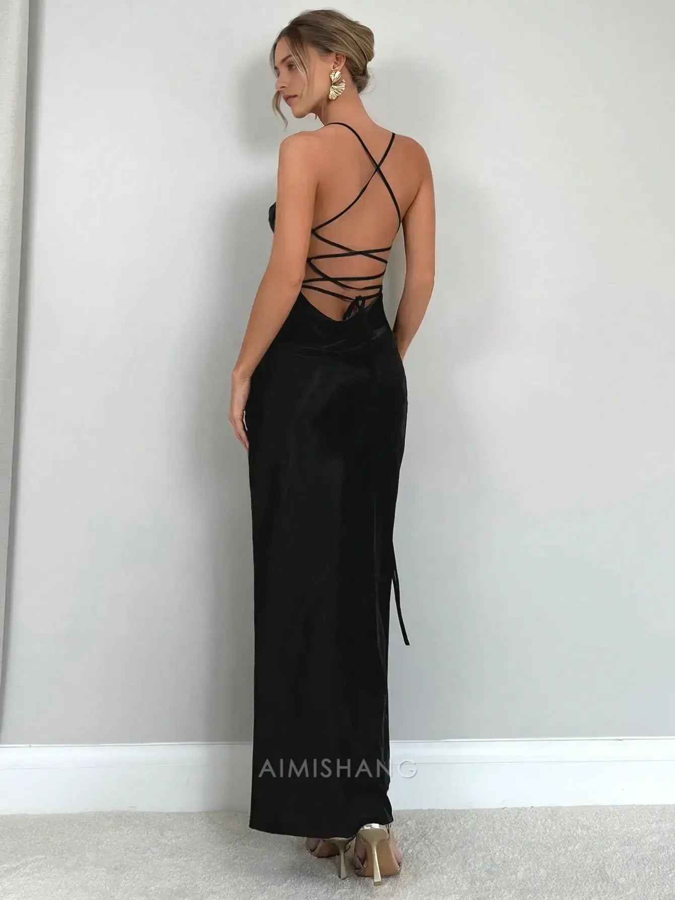 Aimishang Elegant Black Spaghetti Straps Sleeveless Long Prom Dress Simple Evening Party Dress With Slit
