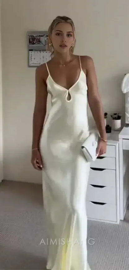 Aimishang Elegant Spaghetti Straps Sleeveless Satin Long Prom Dress Simple Evening Party Dress