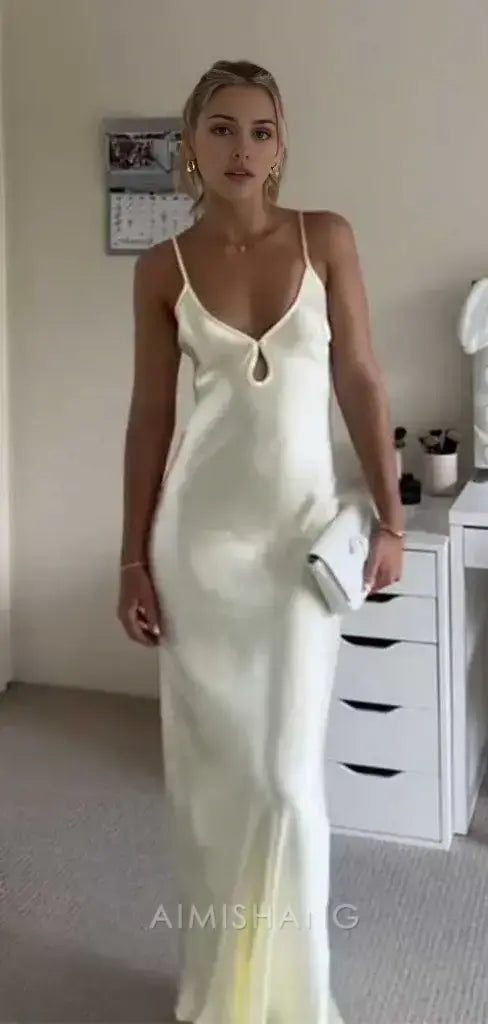 Aimishang Elegant Spaghetti Straps Sleeveless Satin Long Prom Dress Simple Evening Party Dress