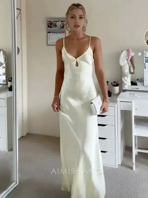Aimishang Elegant Spaghetti Straps Sleeveless Satin Long Prom Dress Simple Evening Party Dress