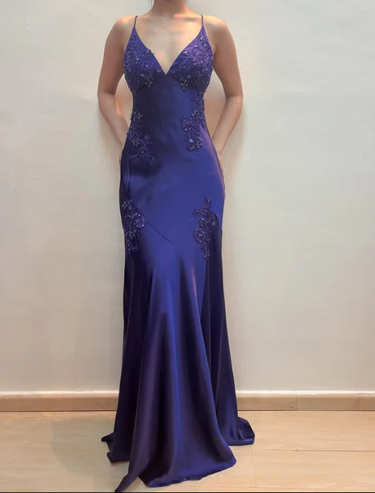 Aimishang Elegant Spaghetti Straps V-neck Satin Long Prom Dress Charming Evening Party Dress Women's Dresses with Appliques