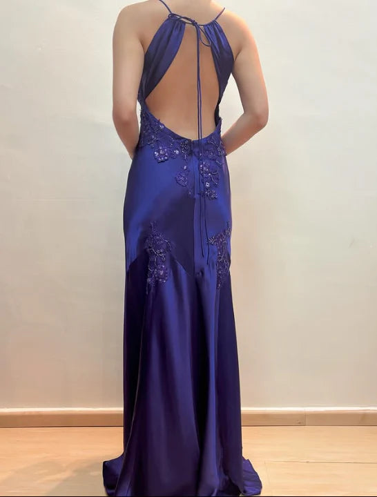 Aimishang Elegant Spaghetti Straps V-neck Satin Long Prom Dress Charming Evening Party Dress Women's Dresses with Appliques
