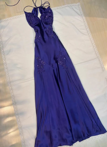 Aimishang Elegant Spaghetti Straps V-neck Satin Long Prom Dress Charming Evening Party Dress Women's Dresses with Appliques