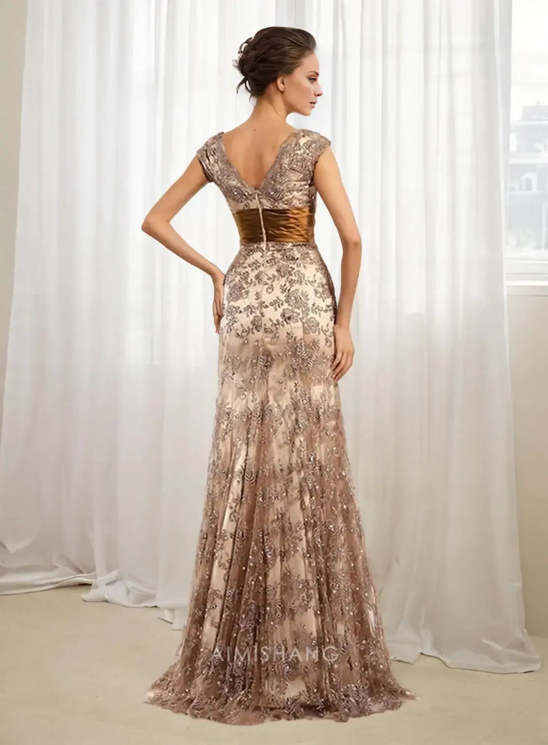 Aimishang Elegant V Neck Mother of the Bride Dress with Appliques Formal Dress Chic Wedding Guest Dress