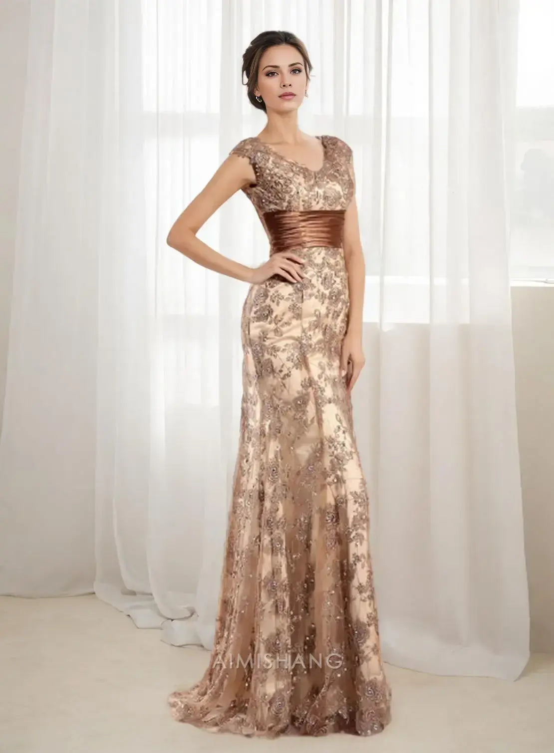 Aimishang Elegant V Neck Mother of the Bride Dress with Appliques Formal Dress Chic Wedding Guest Dress