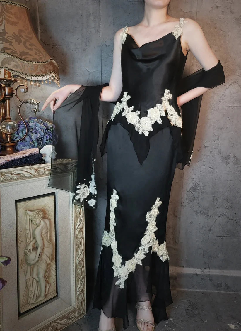 Aimishang Elegant Vintage Satin Long Prom Dress Charming Evening Party Dress Women's Dresses with Appliques