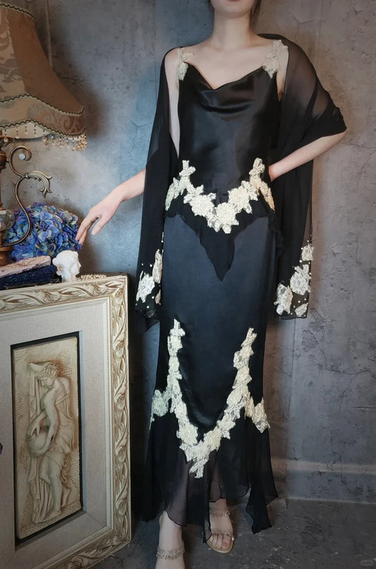 Aimishang Elegant Vintage Satin Long Prom Dress Charming Evening Party Dress Women's Dresses with Appliques