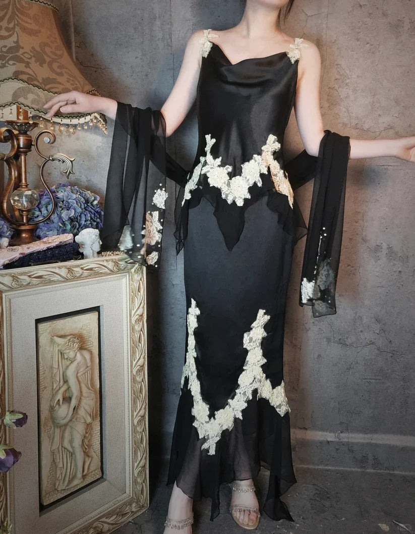 Aimishang Elegant Vintage Satin Long Prom Dress Charming Evening Party Dress Women's Dresses with Appliques