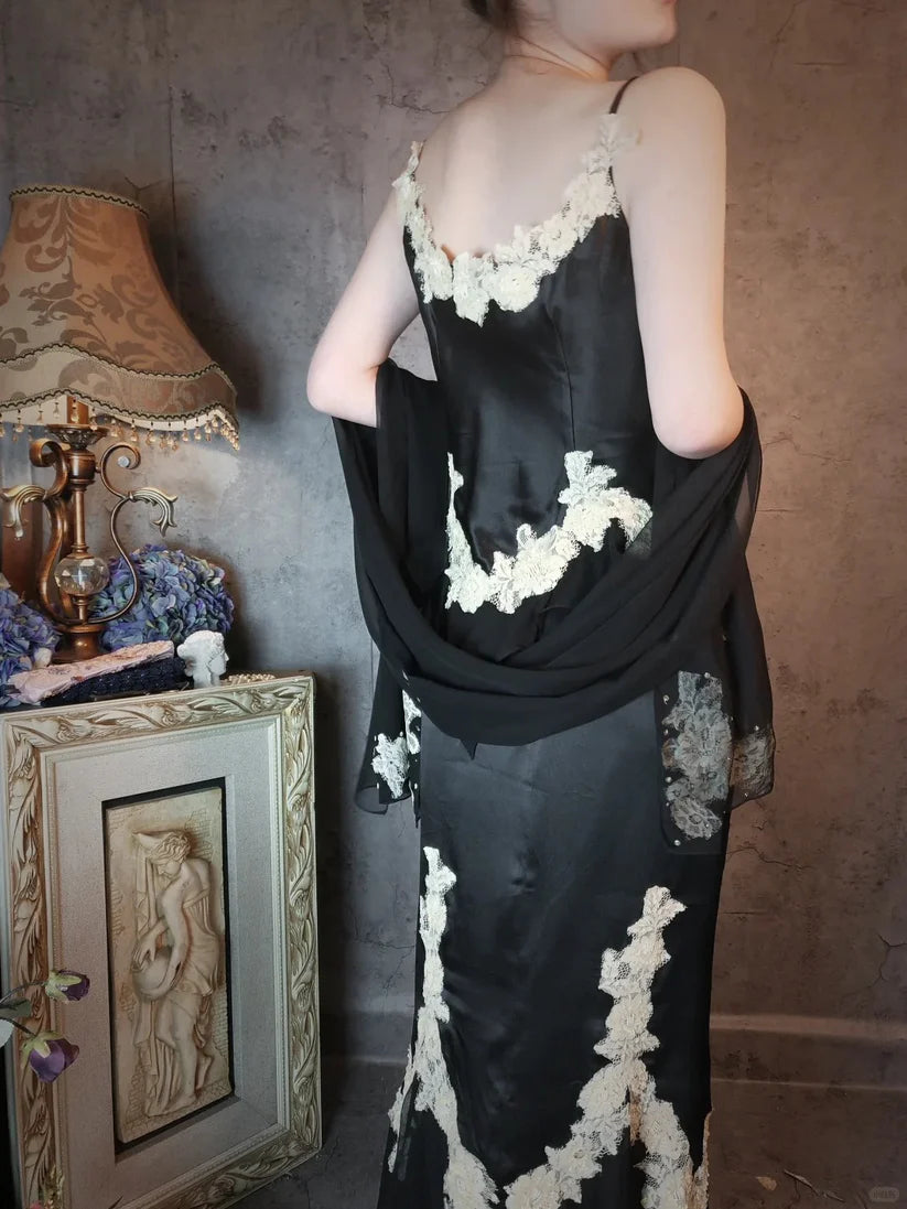Aimishang Elegant Vintage Satin Long Prom Dress Charming Evening Party Dress Women's Dresses with Appliques