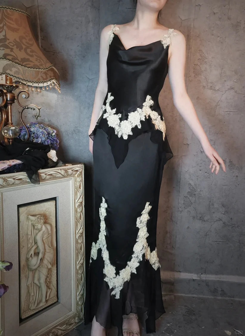 Aimishang Elegant Vintage Satin Long Prom Dress Charming Evening Party Dress Women's Dresses with Appliques