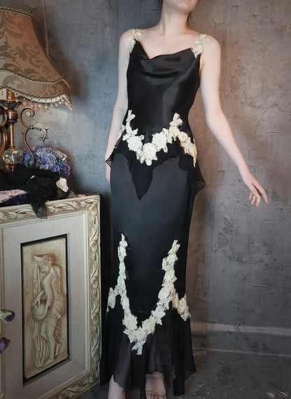 Aimishang Elegant Vintage Satin Long Prom Dress Charming Evening Party Dress Women's Dresses with Appliques