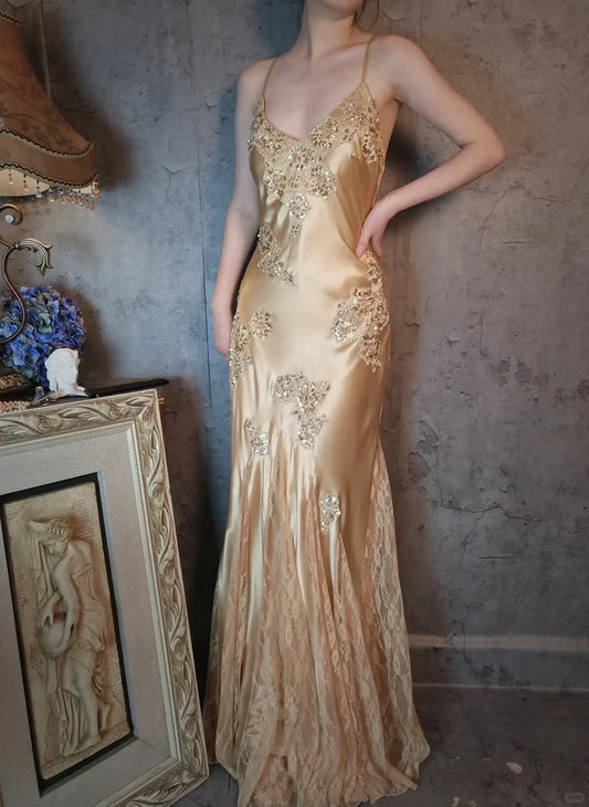 Aimishang Elegant Vintage V-neck Satin Lace Long Prom Dress Charming Evening Party Dress Women's Dresses with Appliques
