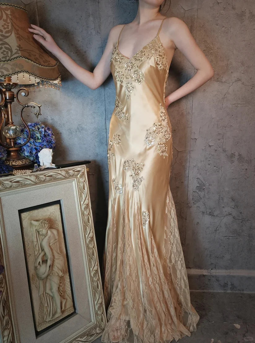 Aimishang Elegant Vintage V-neck Satin Lace Long Prom Dress Charming Evening Party Dress Women's Dresses with Appliques