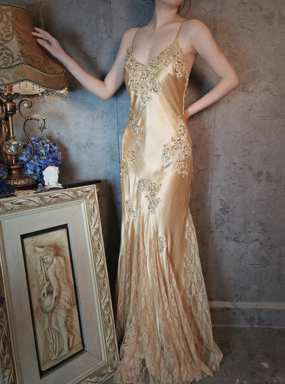 Aimishang Elegant Vintage V-neck Satin Lace Long Prom Dress Charming Evening Party Dress Women's Dresses with Appliques