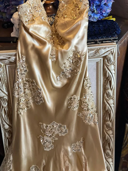Aimishang Elegant Vintage V-neck Satin Lace Long Prom Dress Charming Evening Party Dress Women's Dresses with Appliques