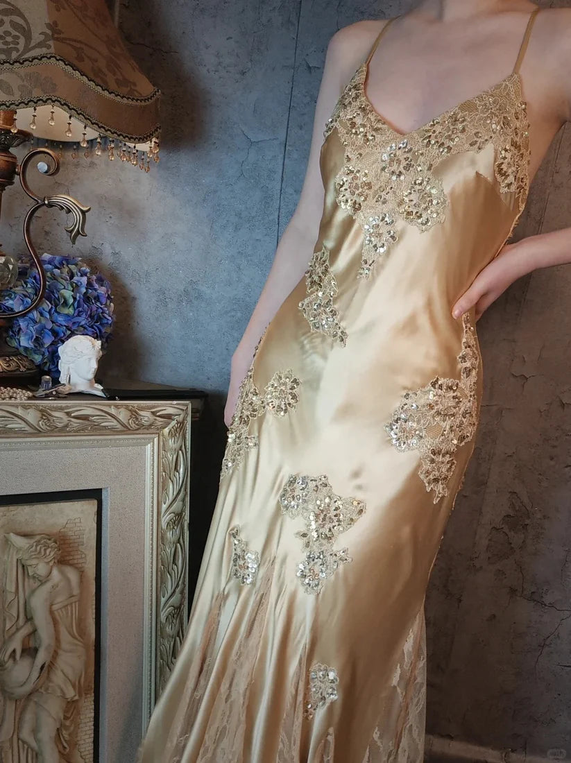 Aimishang Elegant Vintage V-neck Satin Lace Long Prom Dress Charming Evening Party Dress Women's Dresses with Appliques