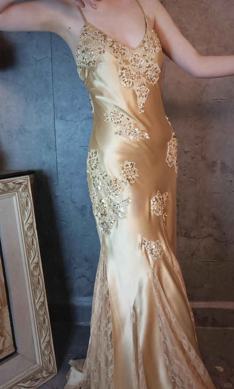 Aimishang Elegant Vintage V-neck Satin Lace Long Prom Dress Charming Evening Party Dress Women's Dresses with Appliques