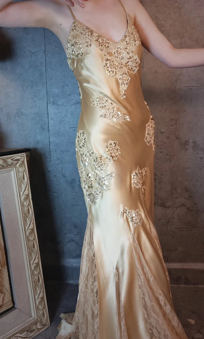 Aimishang Elegant Vintage V-neck Satin Lace Long Prom Dress Charming Evening Party Dress Women's Dresses with Appliques