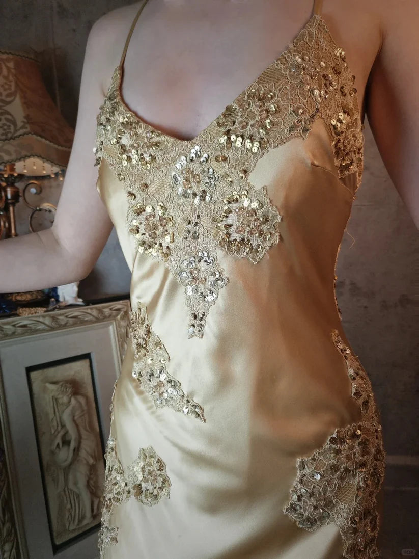 Aimishang Elegant Vintage V-neck Satin Lace Long Prom Dress Charming Evening Party Dress Women's Dresses with Appliques
