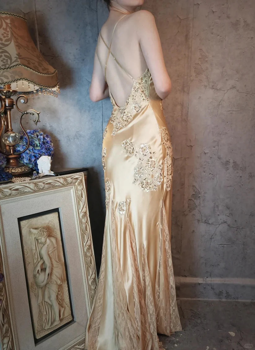 Aimishang Elegant Vintage V-neck Satin Lace Long Prom Dress Charming Evening Party Dress Women's Dresses with Appliques