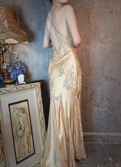 Aimishang Elegant Vintage V-neck Satin Lace Long Prom Dress Charming Evening Party Dress Women's Dresses with Appliques
