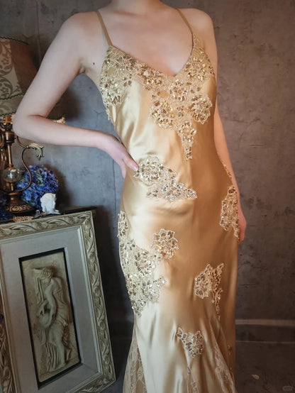Aimishang Elegant Vintage V-neck Satin Lace Long Prom Dress Charming Evening Party Dress Women's Dresses with Appliques