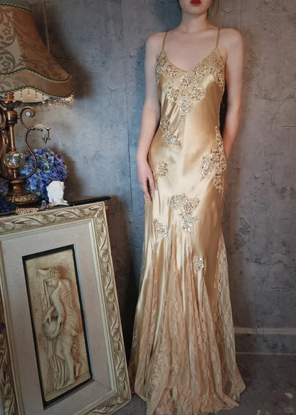 Aimishang Elegant Vintage V-neck Satin Lace Long Prom Dress Charming Evening Party Dress Women's Dresses with Appliques