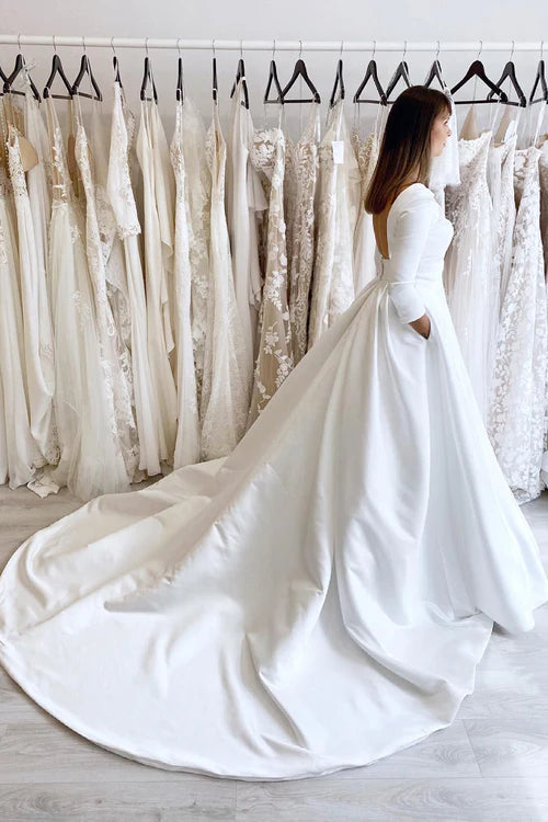 Aimishang Elegant A-Line Bateau-Neck 3/4 Length Sleeves Long Wedding Dress Simple Bridal Gowns