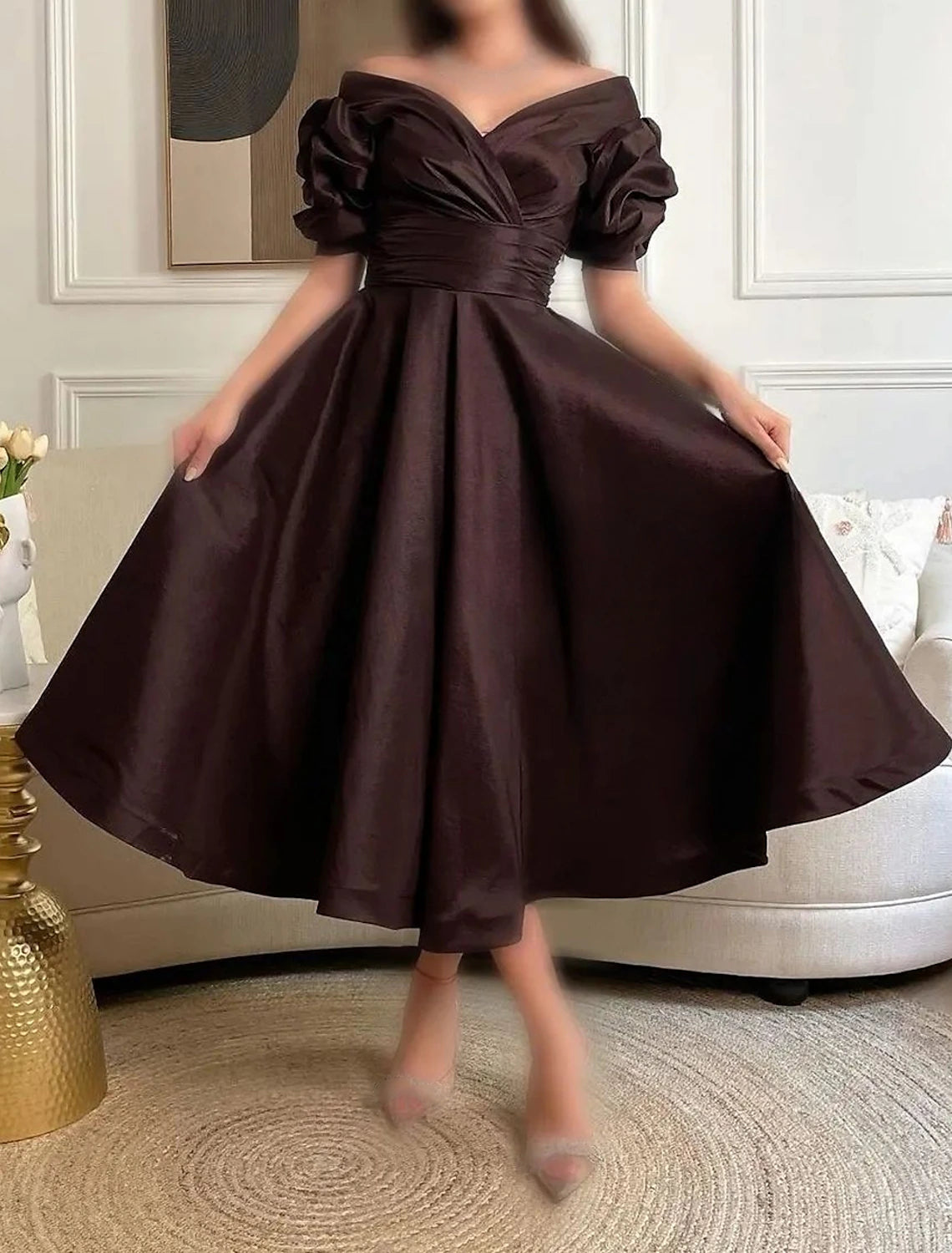 Aimishang Elegant A-Line Cocktail Dresses Tea Length Short Sleeve Formal Prom Dress with Ruched