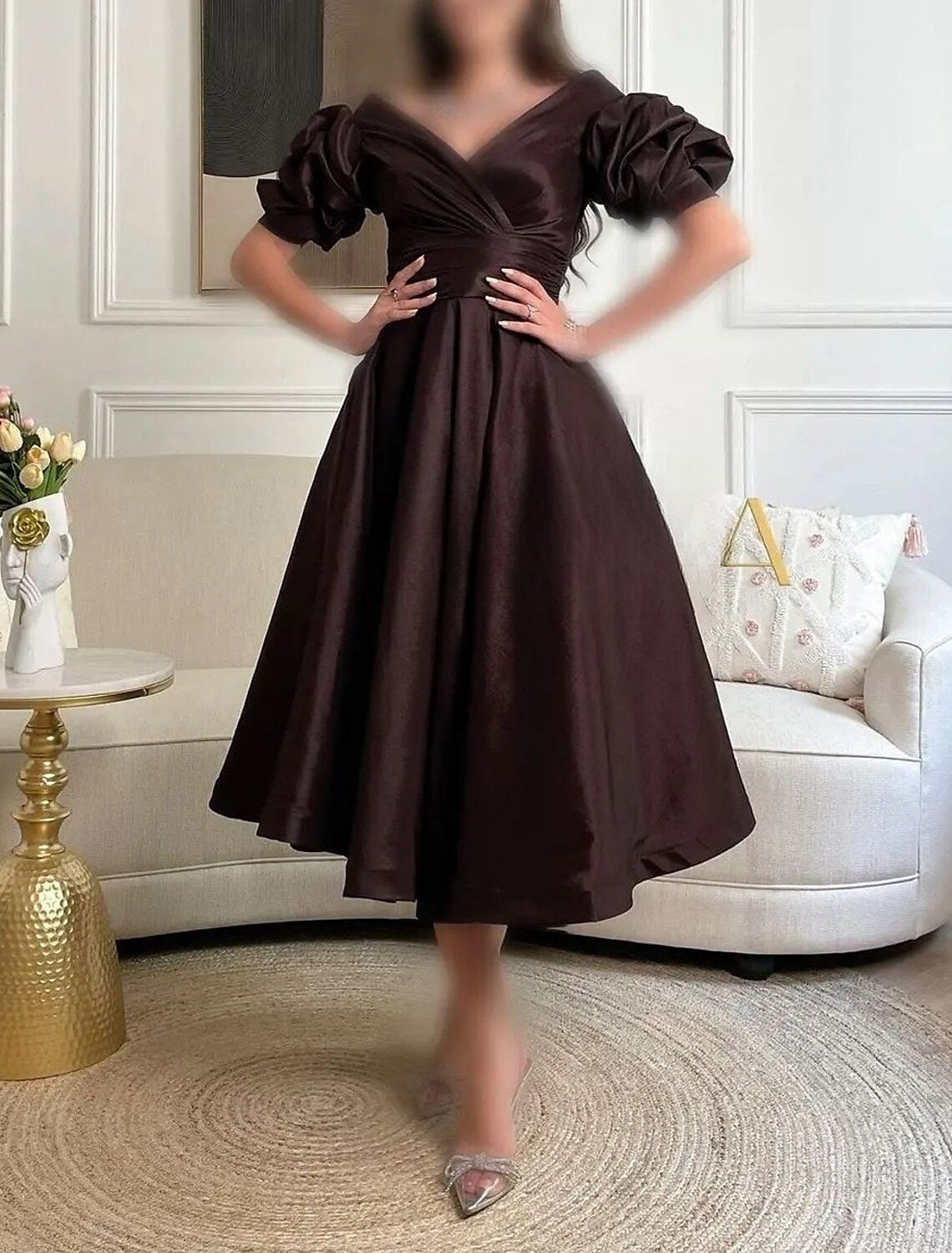 Aimishang Elegant A-Line Cocktail Dresses Tea Length Short Sleeve Formal Prom Dress with Ruched